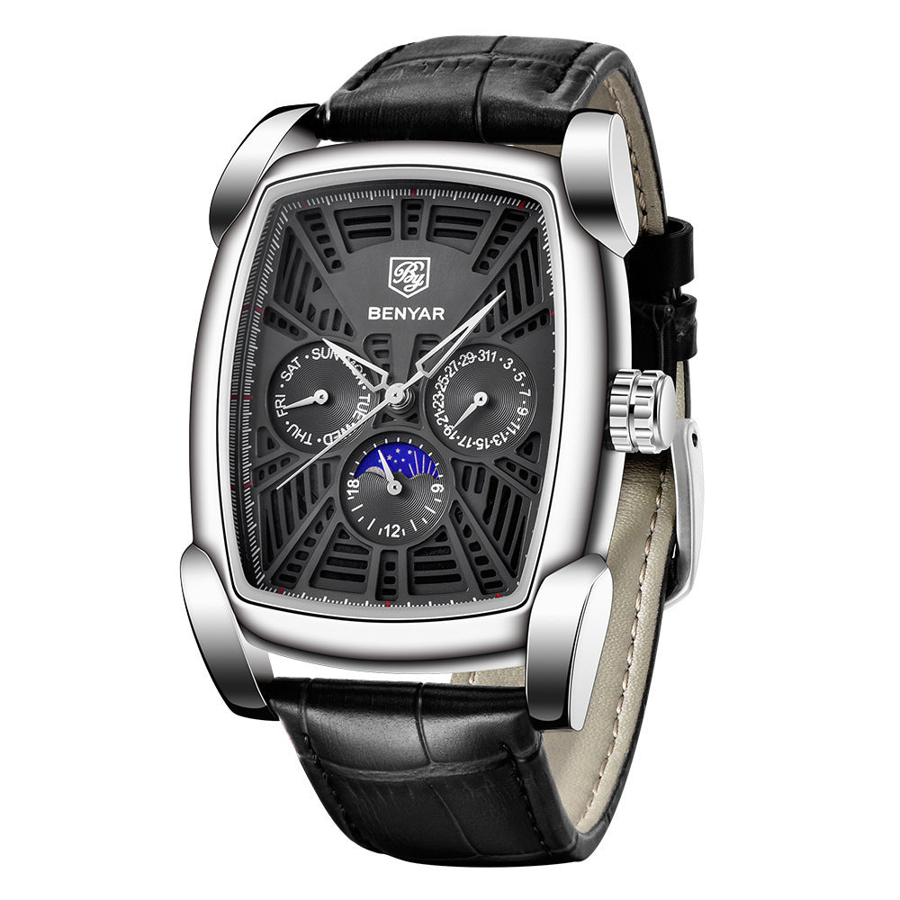 Benyar Fashionable Men's Casual Watch Leather Band Waterproof Automatic Quartz Movement Man Watch - Acquisti Online