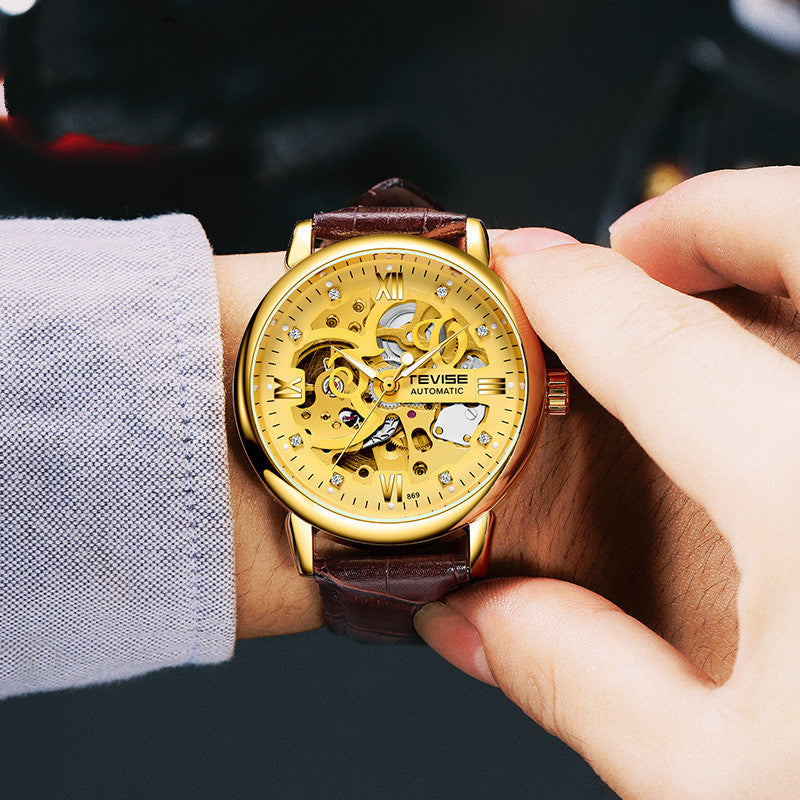 Tevise Men's Business Casual Watch Automatic Mechanical Movement Watch Leather Belt Waterproof Man Watch - Acquisti Online