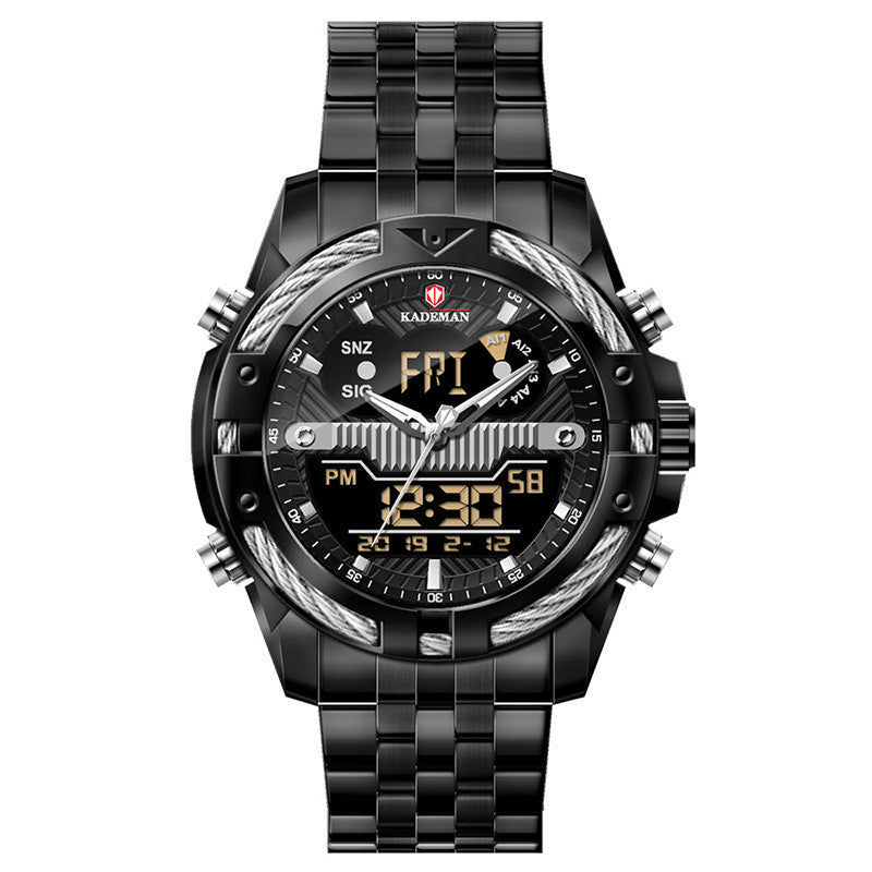 Orologio da uomo con doppio movimento, retroilluminazione, sveglia, impermeabile, con cinturino in acciaio, orologio elettronico in lega