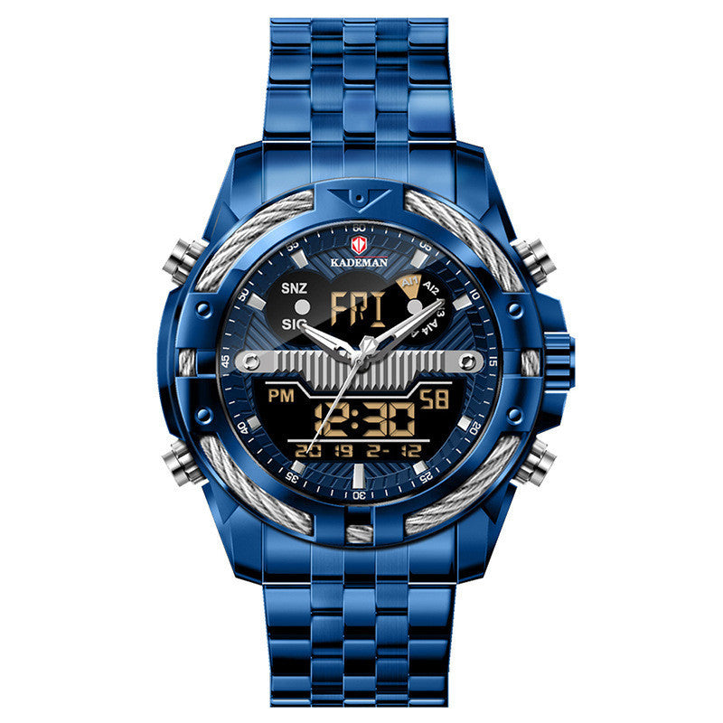 Orologio da uomo con doppio movimento, retroilluminazione, sveglia, impermeabile, con cinturino in acciaio, orologio elettronico in lega