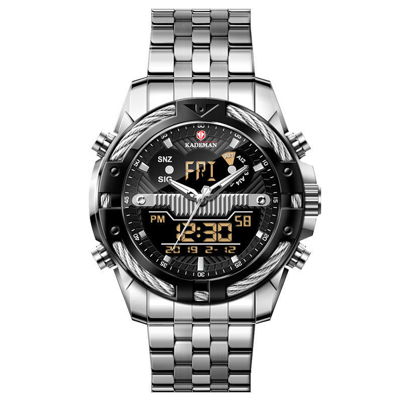 Orologio da uomo con doppio movimento, retroilluminazione, sveglia, impermeabile, con cinturino in acciaio, orologio elettronico in lega