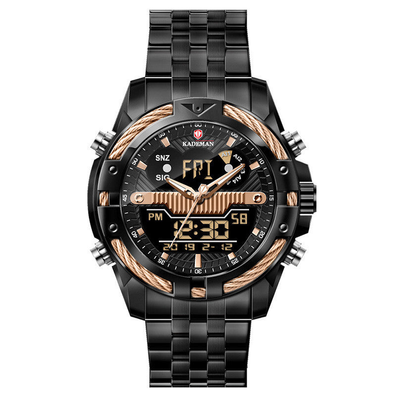 Orologio da uomo con doppio movimento, retroilluminazione, sveglia, impermeabile, con cinturino in acciaio, orologio elettronico in lega