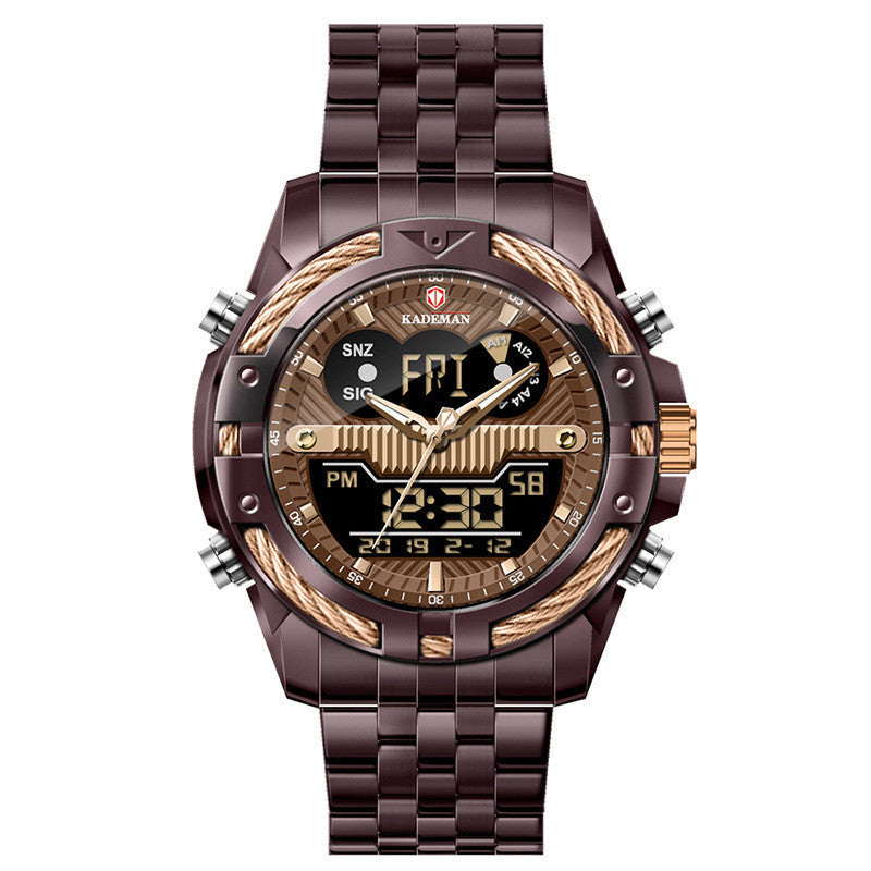Orologio da uomo con doppio movimento, retroilluminazione, sveglia, impermeabile, con cinturino in acciaio, orologio elettronico in lega