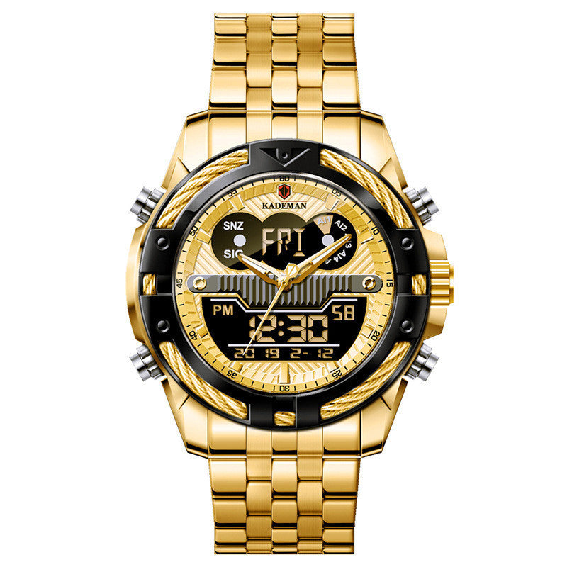 Orologio da uomo con doppio movimento, retroilluminazione, sveglia, impermeabile, con cinturino in acciaio, orologio elettronico in lega