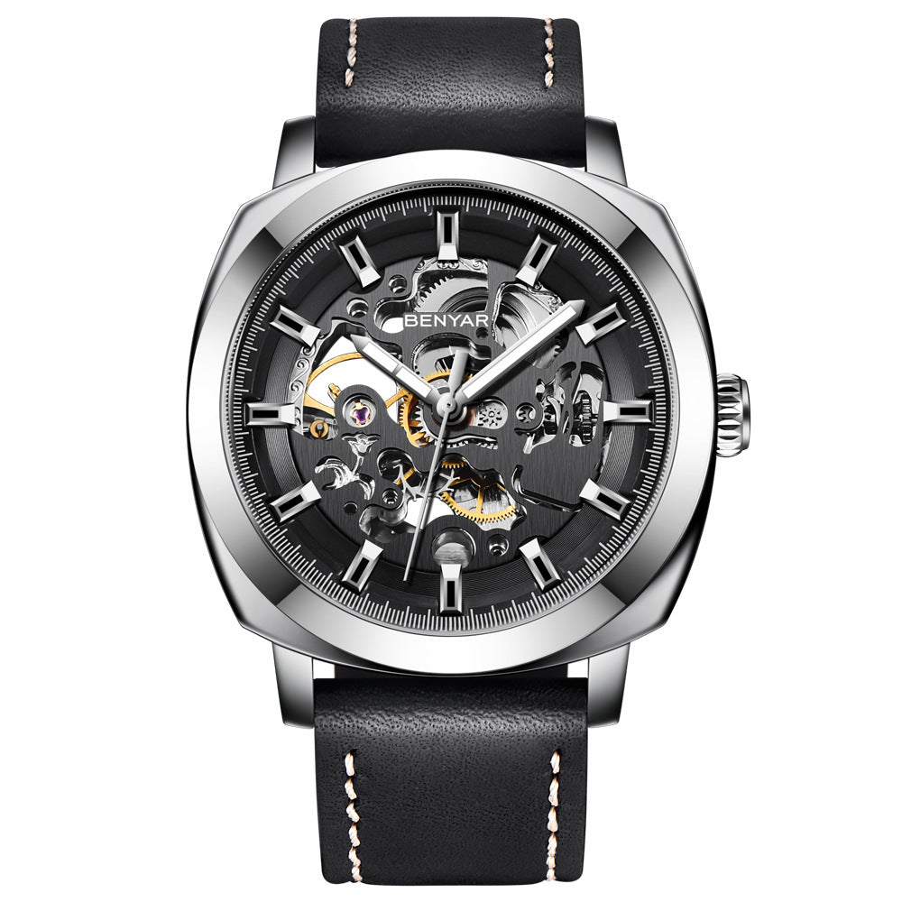 BENYAR Man Business Casual Fashion Watch Automatic Mechanical Movement Hollow Out Waterproof Leather Band Watch - Acquisti Online