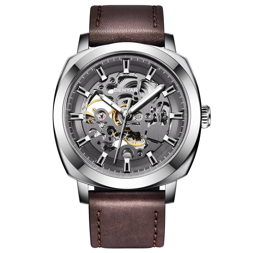BENYAR Man Business Casual Fashion Watch Automatic Mechanical Movement Hollow Out Waterproof Leather Band Watch - Acquisti Online