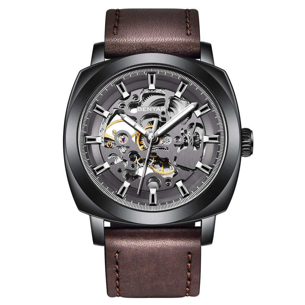 BENYAR Man Business Casual Fashion Watch Automatic Mechanical Movement Hollow Out Waterproof Leather Band Watch - Acquisti Online