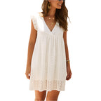 Summer V-neck Cotton Short Skirt Solid Color Dress
