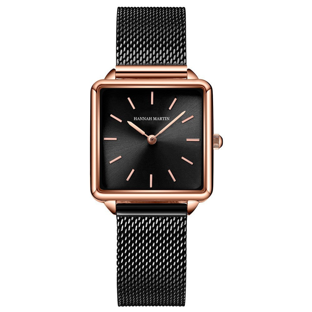 Hannah Martin Dameshorloge Japans Uurwerk Armband Eenvoudig Mode Dameshorloge Roségoud Stalen Mesh Vierkante Wijzerplaat Dameshorloge