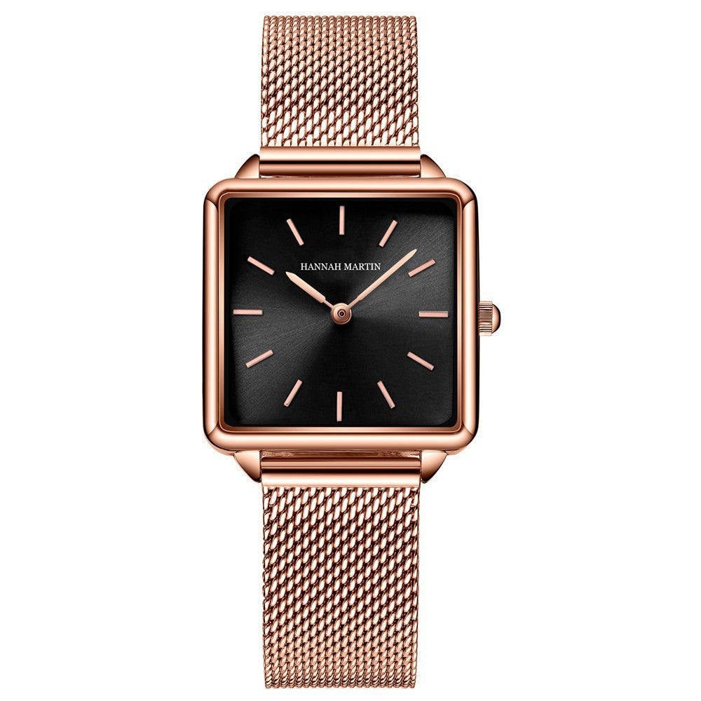 Hannah Martin Dameshorloge Japans Uurwerk Armband Eenvoudig Mode Dameshorloge Roségoud Stalen Mesh Vierkante Wijzerplaat Dameshorloge