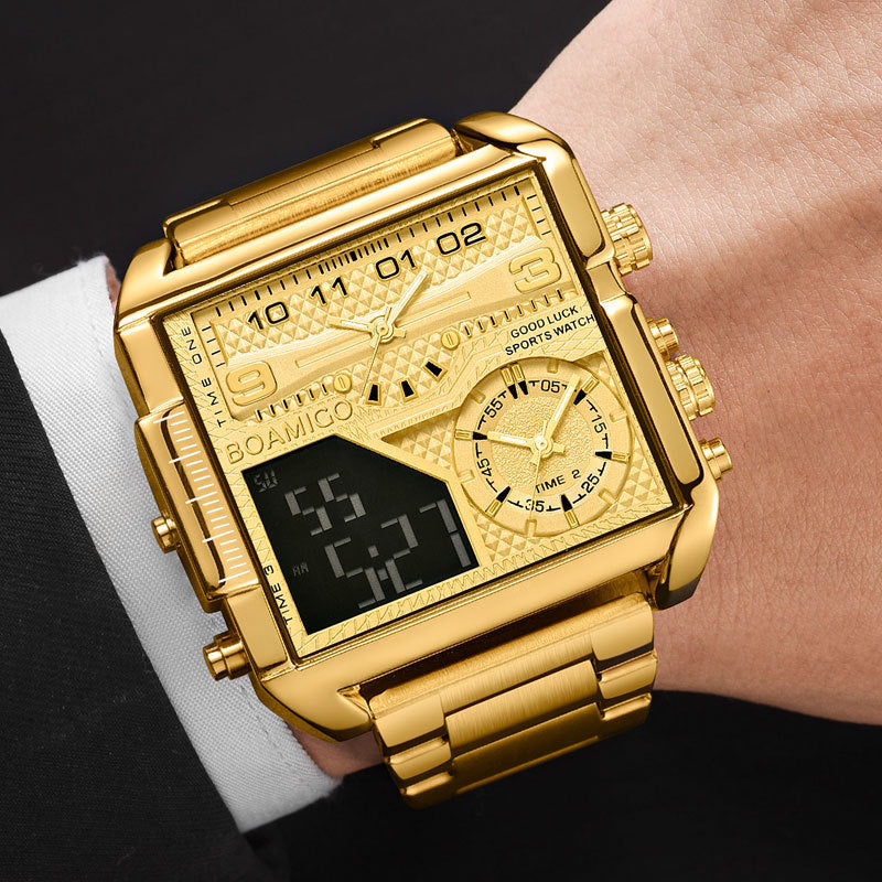 BOAMIGO Luxury Fashion Men's Watche Gold Stainless Steel Sport Square Digital Analog Big Quartz Watch