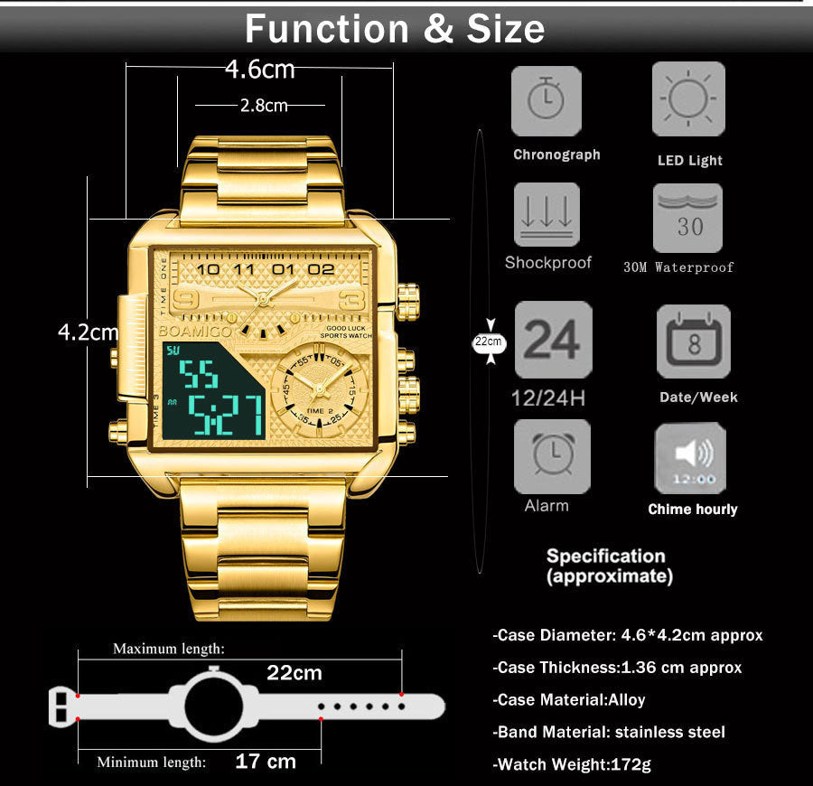 BOAMIGO Luxury Fashion Men's Watche Gold Stainless Steel Sport Square Digital Analog Big Quartz Watch