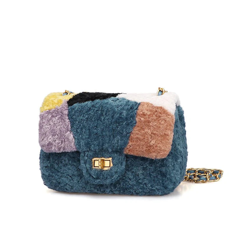 Women's Fashionable Faux Wool Shoulder Messenger Crossbody Handbag for Ladies Combination Color Women's Shoulder Bag