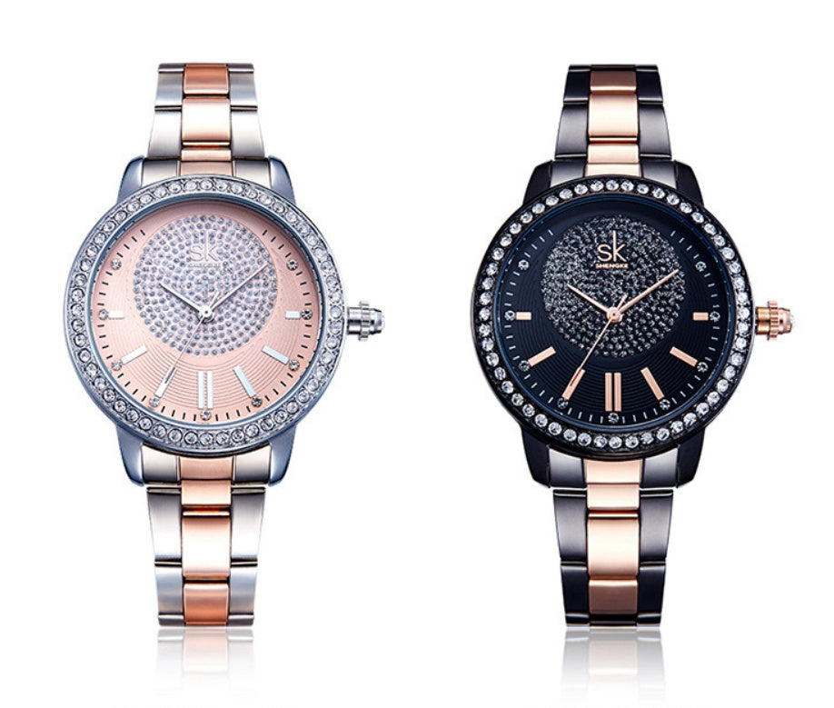 SHENGKE Luxury Bracelet Ladies Quartz Wristwatch Stainless Steel Band Rhinsone Crafted Women's Quartz Watches