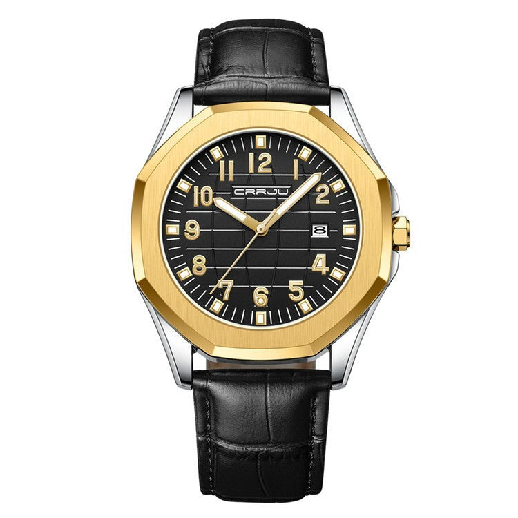 Orologio da uomo CRRJU, orologio al quarzo originale di alta marca, cinturino in pelle, impermeabile, calendario, semplice, alla moda.