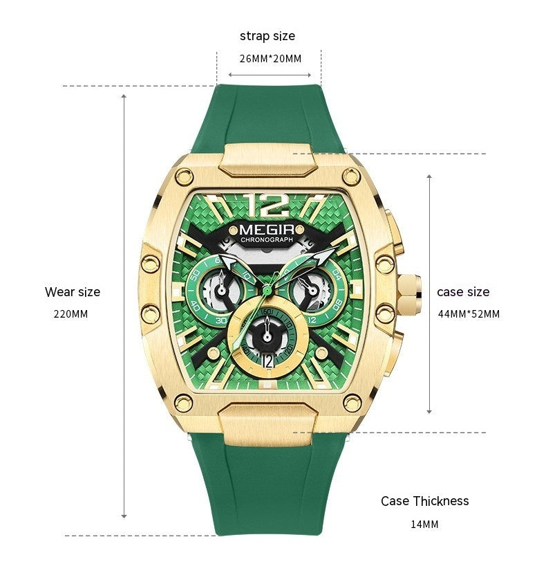 MEGIR Fashion Sport Quartz Watch for Men Waterproof Golden Green Silicone Strap Chronograph Wristwatch