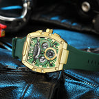 MEGIR Fashion Sport Quartz Watch for Men Waterproof Golden Green Silicone Strap Chronograph Wristwatch