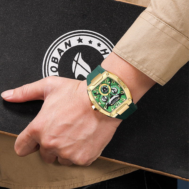 MEGIR Fashion Sport Quartz Watch for Men Waterproof Golden Green Silicone Strap Chronograph Wristwatch