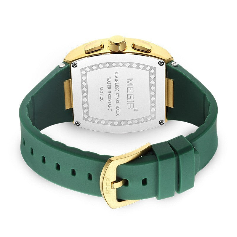 MEGIR Fashion Sport Quartz Watch for Men Waterproof Golden Green Silicone Strap Chronograph Wristwatch