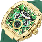 MEGIR Fashion Sport Quartz Watch for Men Waterproof Golden Green Silicone Strap Chronograph Wristwatch