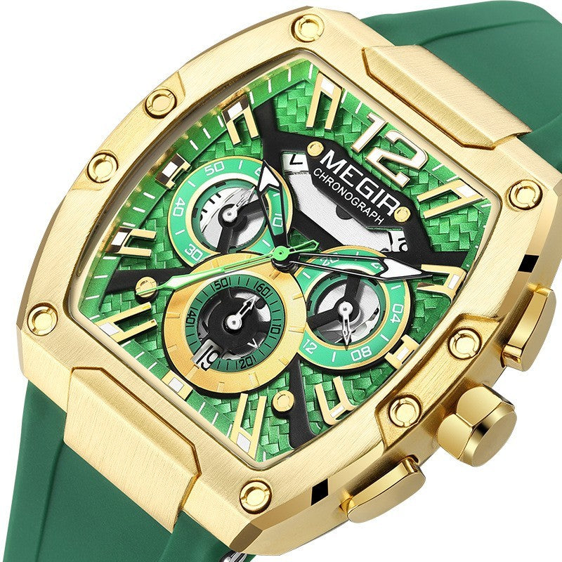 MEGIR Fashion Sport Quartz Watch for Men Waterproof Golden Green Silicone Strap Chronograph Wristwatch