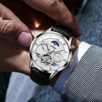 OLEVS Men's Watch Luxury Mechanical Wristwatch Men Leather Strap Waterproof Luminous Double Calendar Hollow Flywheel Automatic Mechanical Watch
