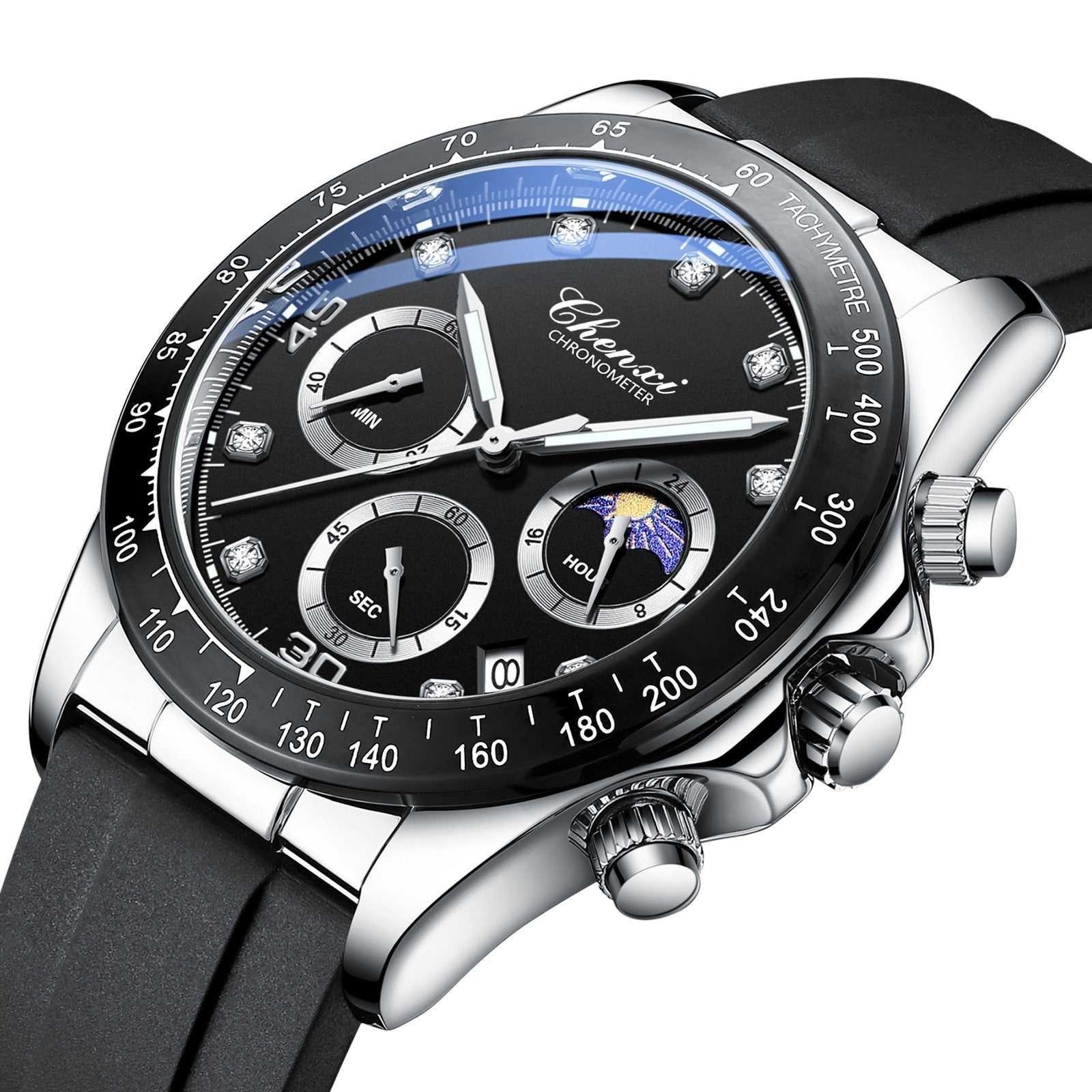 Men's Quartz Watch Moon Calendar Business Phase Diamond Quartz Moon Icon Design Watch for Men Multi-functional Silicone Band Watch