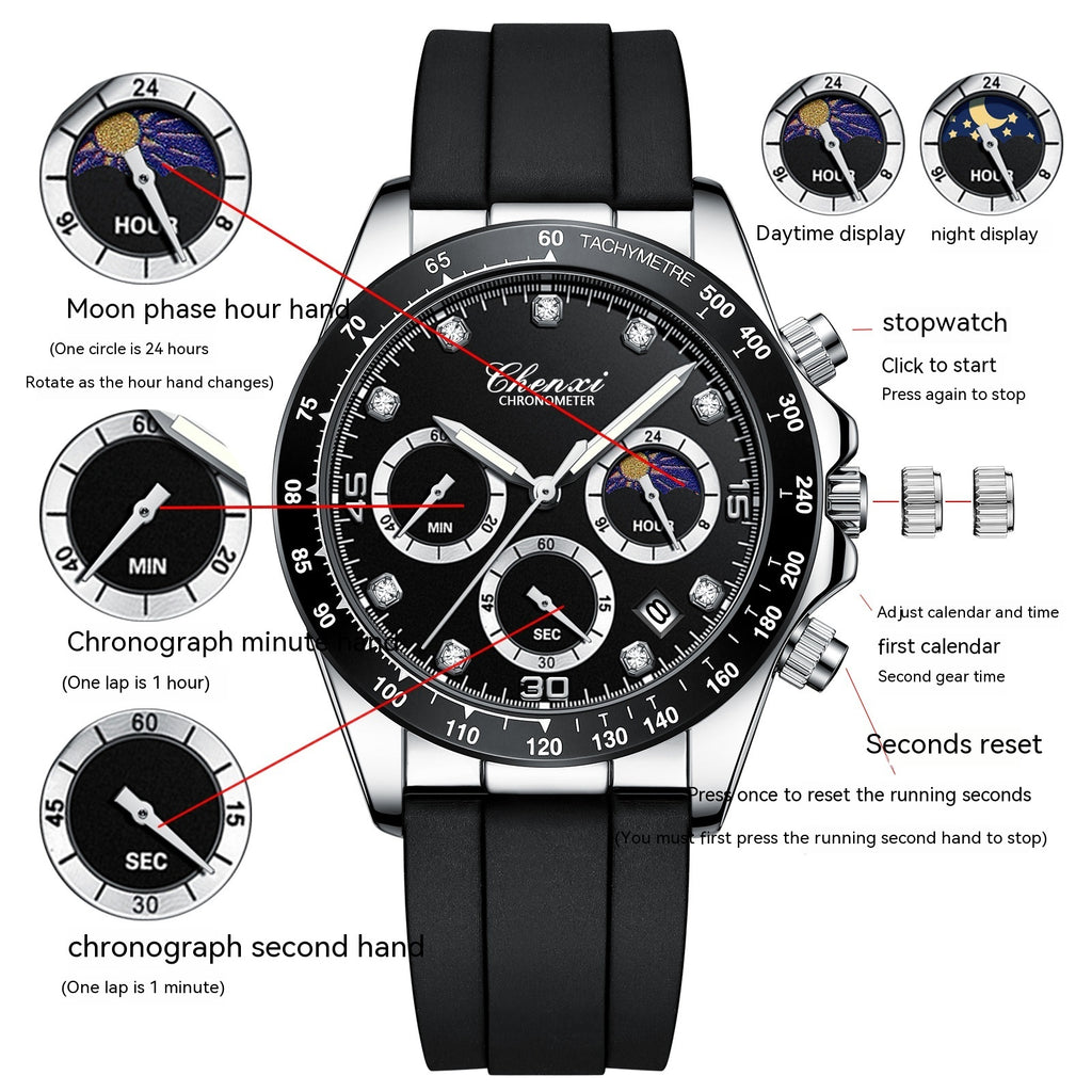 Men's Quartz Watch Moon Calendar Business Phase Diamond Quartz Moon Icon Design Watch for Men Multi-functional Silicone Band Watch