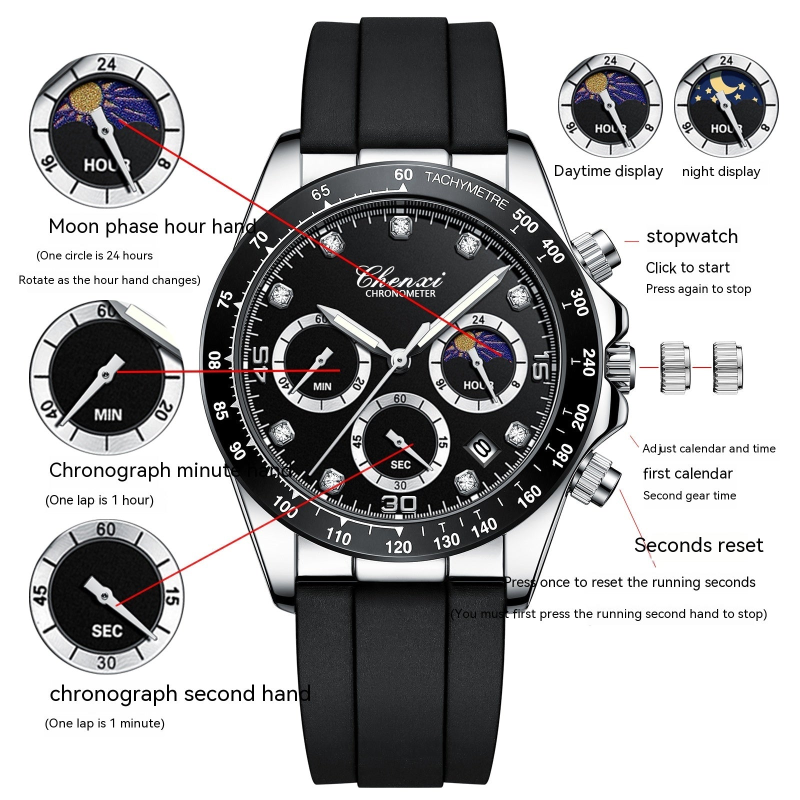 Men's Quartz Watch Moon Calendar Business Phase Diamond Quartz Moon Icon Design Watch for Men Multi-functional Silicone Band Watch