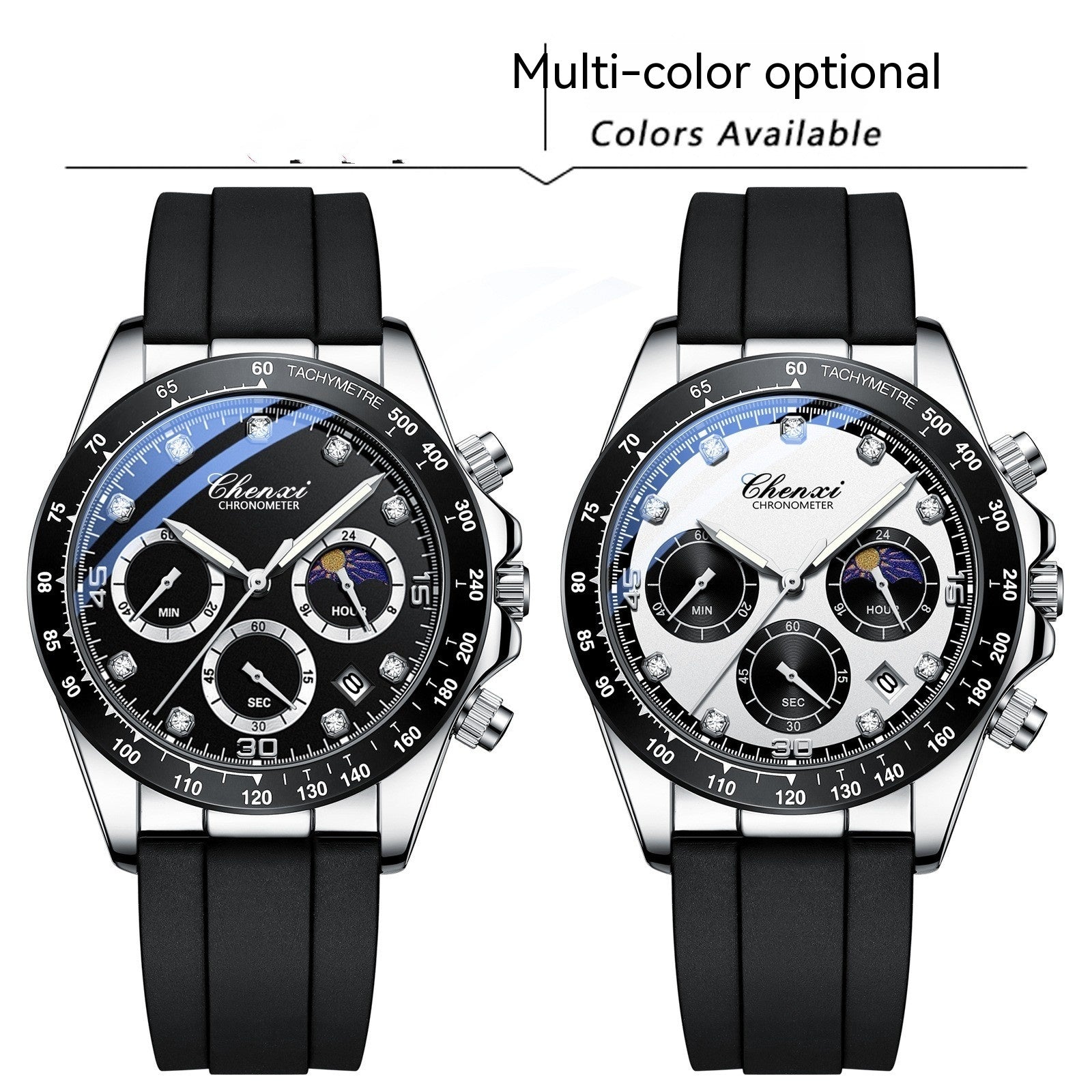 Men's Quartz Watch Moon Calendar Business Phase Diamond Quartz Moon Icon Design Watch for Men Multi-functional Silicone Band Watch