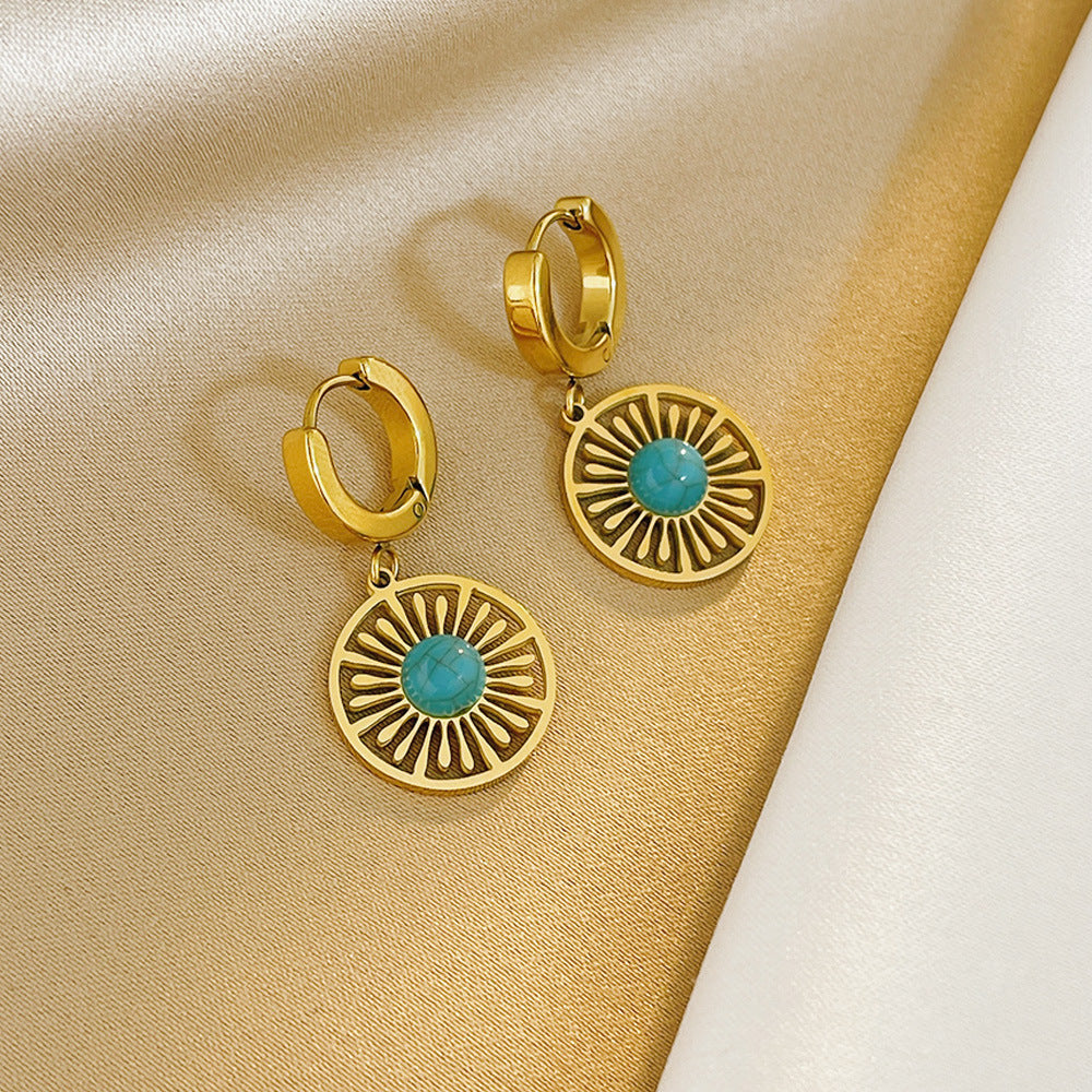 Geometric Round Hollow Women's Earrings Turquoise French Retro