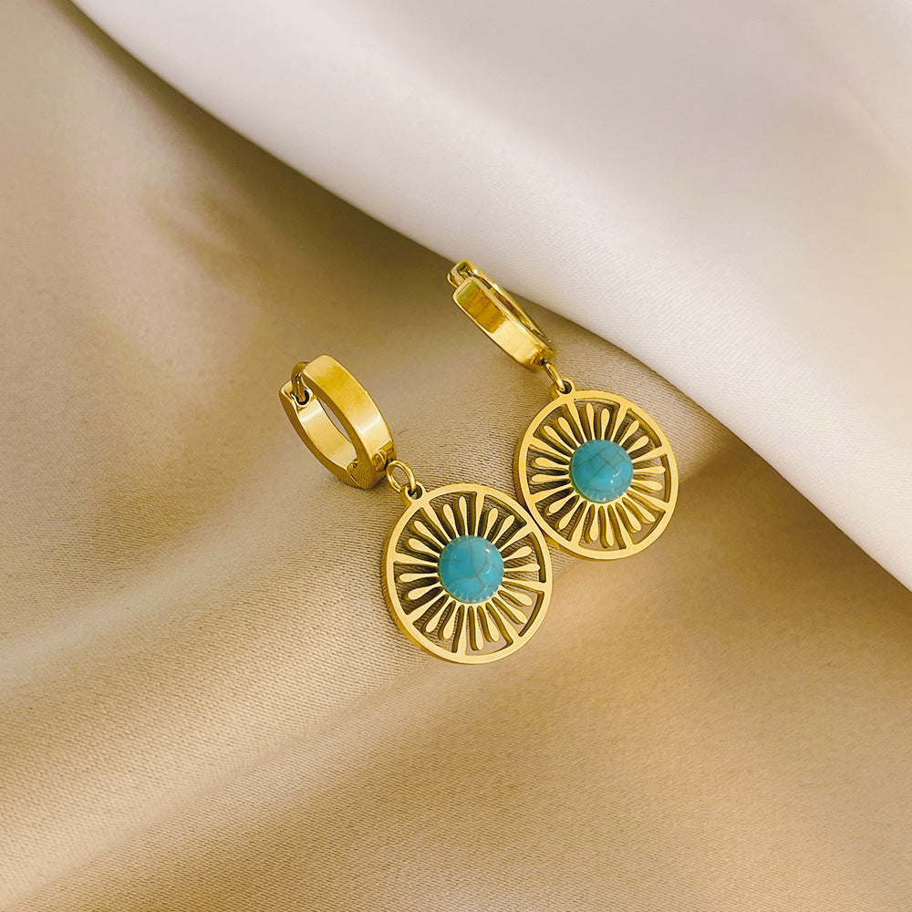 Geometric Round Hollow Women's Earrings Turquoise French Retro