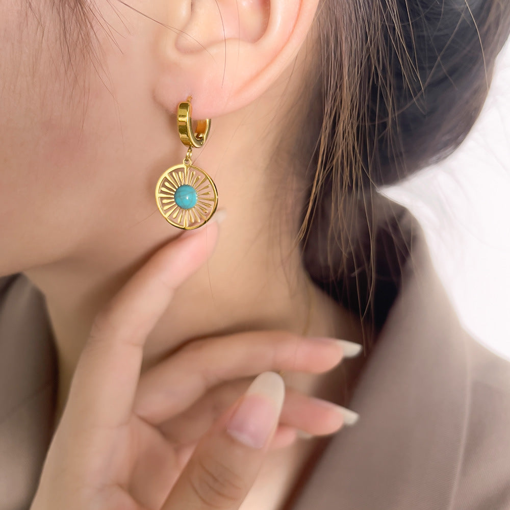 Geometric Round Hollow Women's Earrings Turquoise French Retro