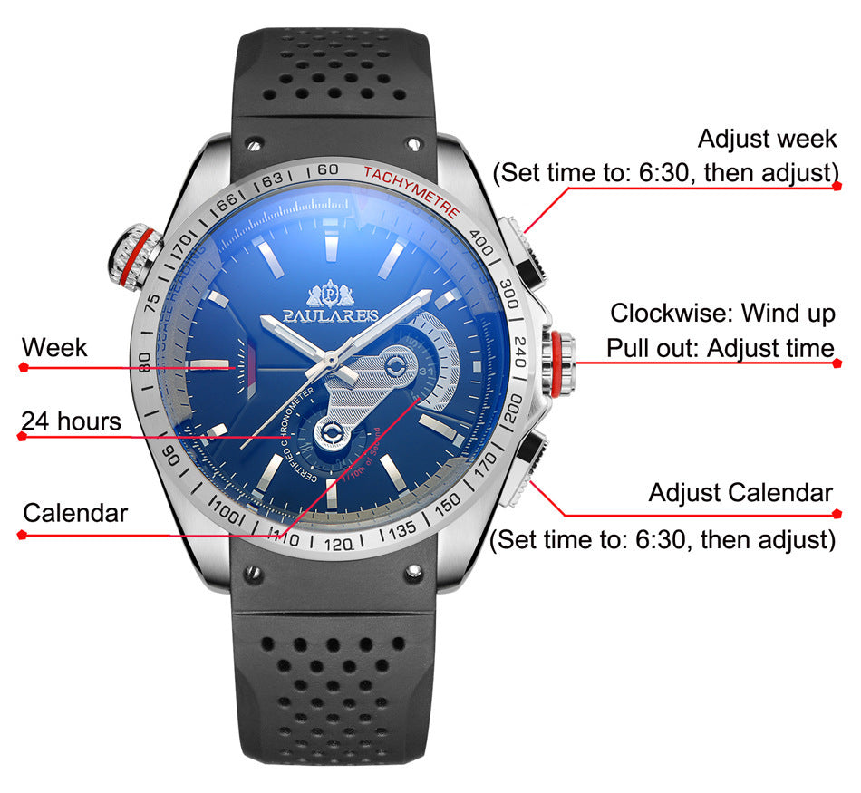Orologio da uomo classico PAULAREIS meccanico automatico multifunzionale con nastro nottilucente