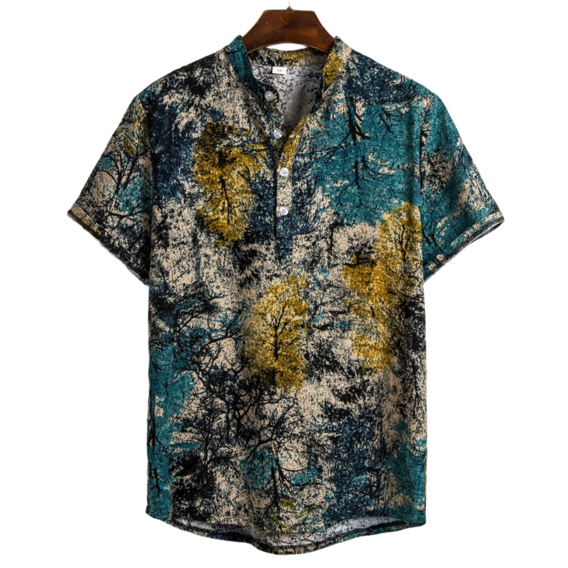 Men's Fashioable Casual Shirt Solid Color  Stand Collar Loose Slim Fit Floral Shirt Short Sleeve Printed Men's Casual Shirt