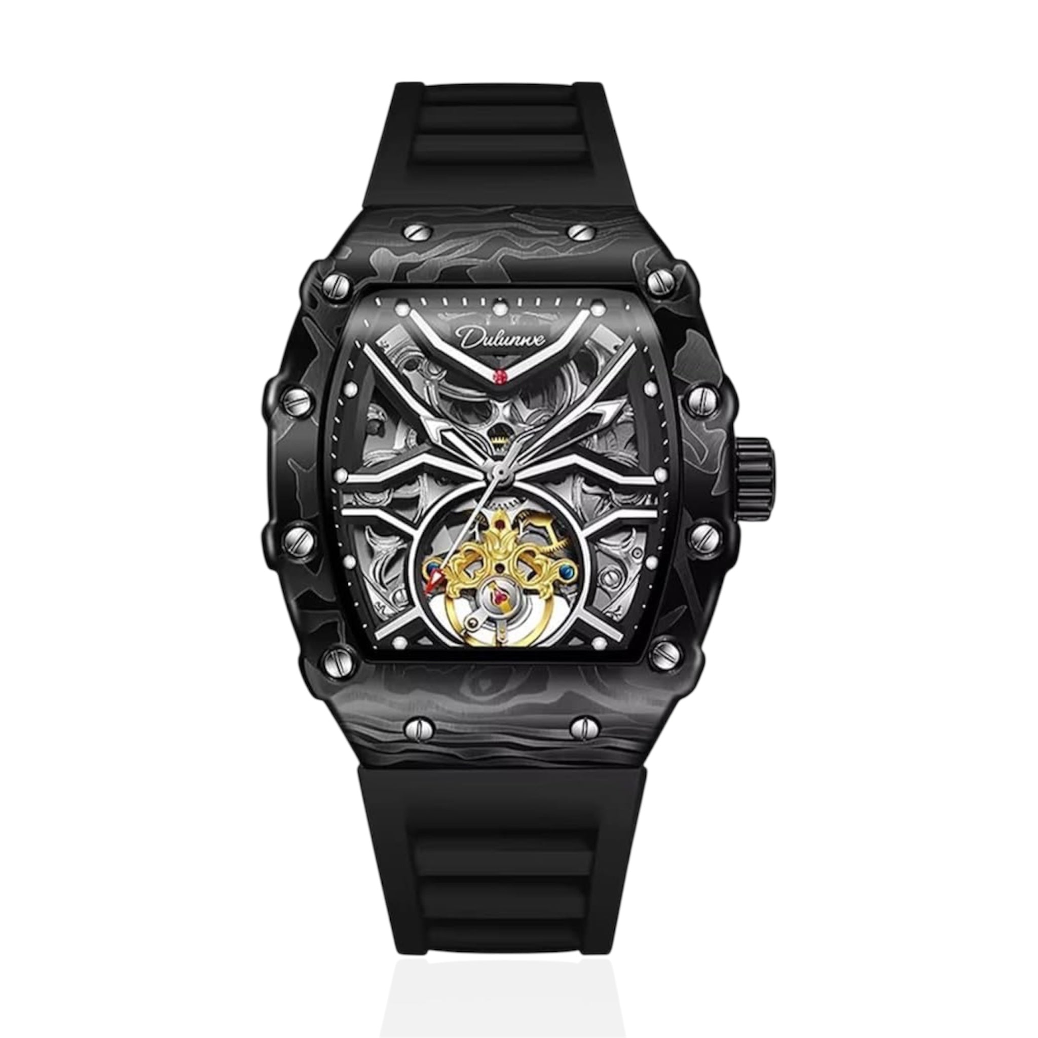 Orologi sportivi Dulunwe Fashion Skeleton Flywheel per uomo, orologio meccanico automatico di lusso, orologio da polso luminoso