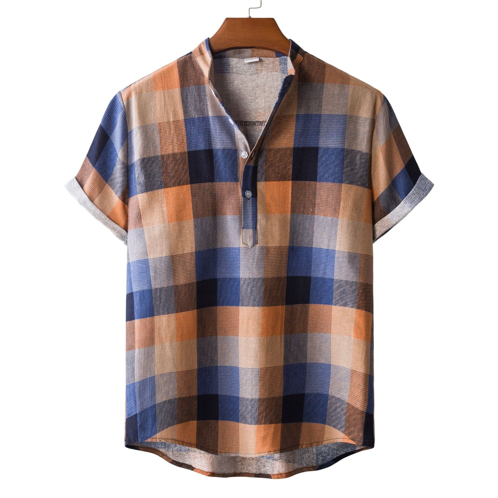 Men's Fashionable Casual Shirt Solid Color Vintage Ethnic Print Short Sleeve Lapel Collar Button Men's Casual Shirt