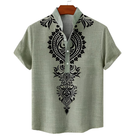 Men's Fashionable Casual Solid Color Linen Fiber Cardigan Shirt Digital 3D Printed Men's Casual Short Sleeve Shirt