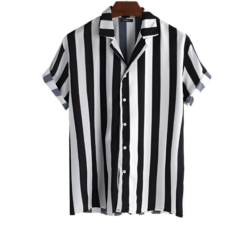 Camicia casual alla moda da uomo, a righe, cardigan, vestibilità slim, maniche corte, colletto con revers, vestibilità sottile, elegante, casual da uomo