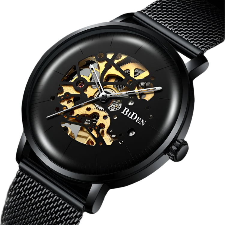 BIDEN 0052 Luxury Men's Mechanical Watch 2025 Mesh Strap Hollow Dials Decoration Vintage Skeleton Men's Automatic WristWatch