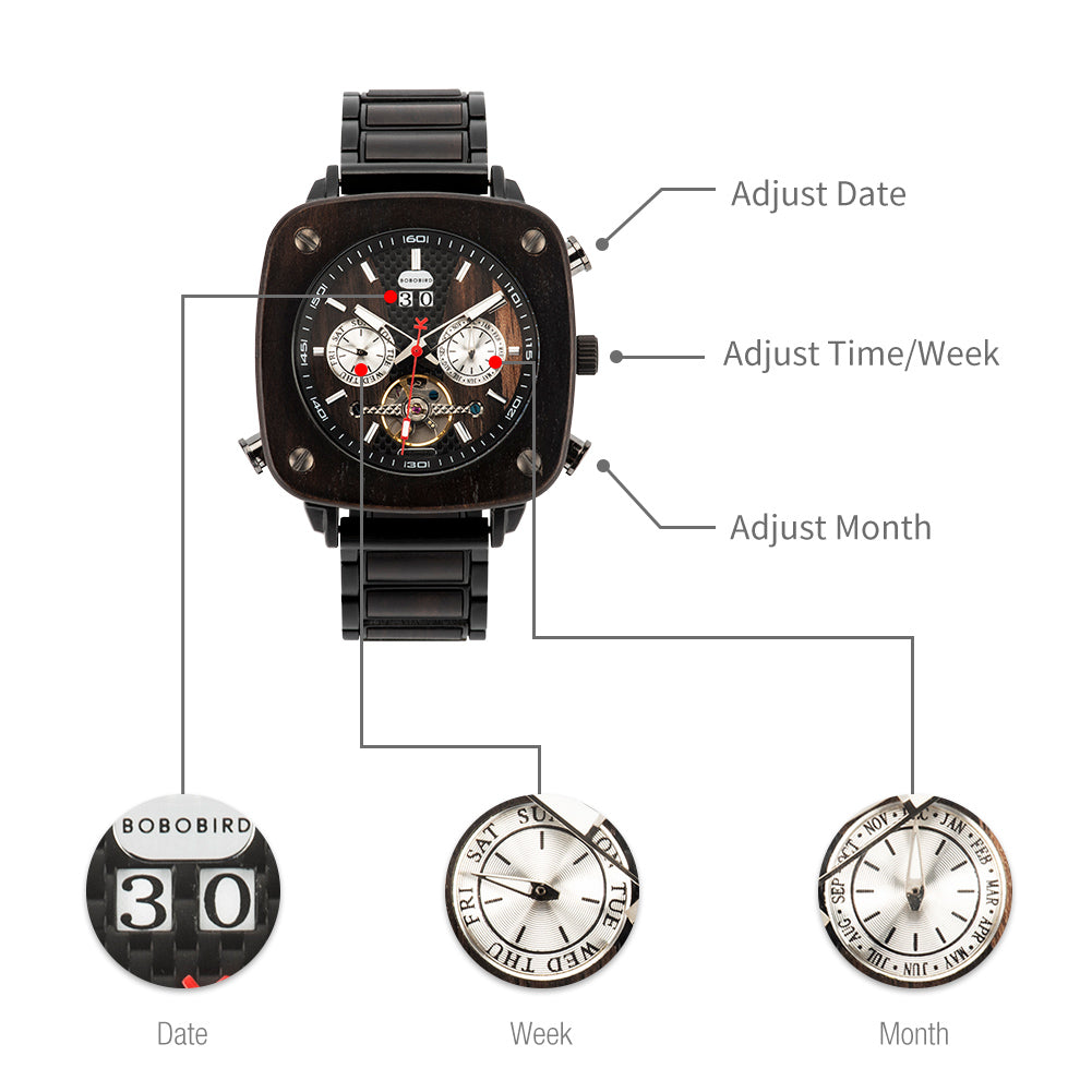 Orologio da uomo in legno meccanico automatico con tecnologia nera e personalità, dalla forma speciale