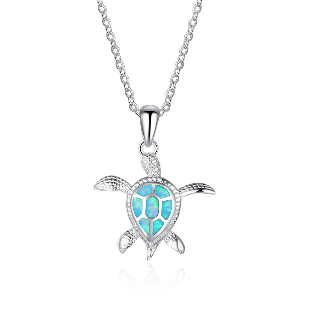 Women Fashionable Necklace Versatile Opal Clavicle Chain 925 Sterling Silver Cute Sea Turtle Pendant Charm Necklace