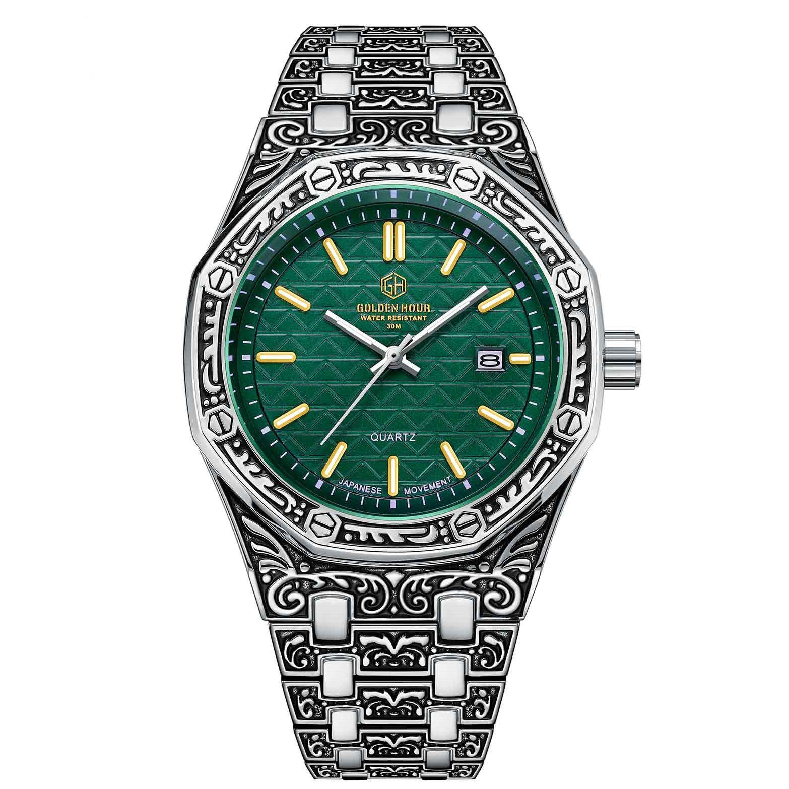 Golden Hour Man Casual Fashion Automatic Movement Spiral Crown Round Quartz Waterproof Steel Man Casual Watch - Acquisti Online