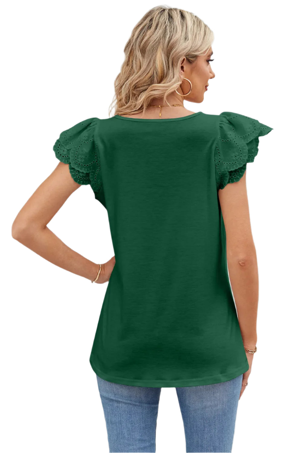 Effen T-shirt met korte mouwen en kanten patchwork, vierkante kraag en bloemblaadjesmotief voor dames