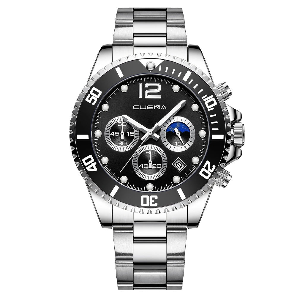 Orologio da uomo casual elegante con movimento automatico al quarzo, cinturino in acciaio, sei lancette e impermeabile