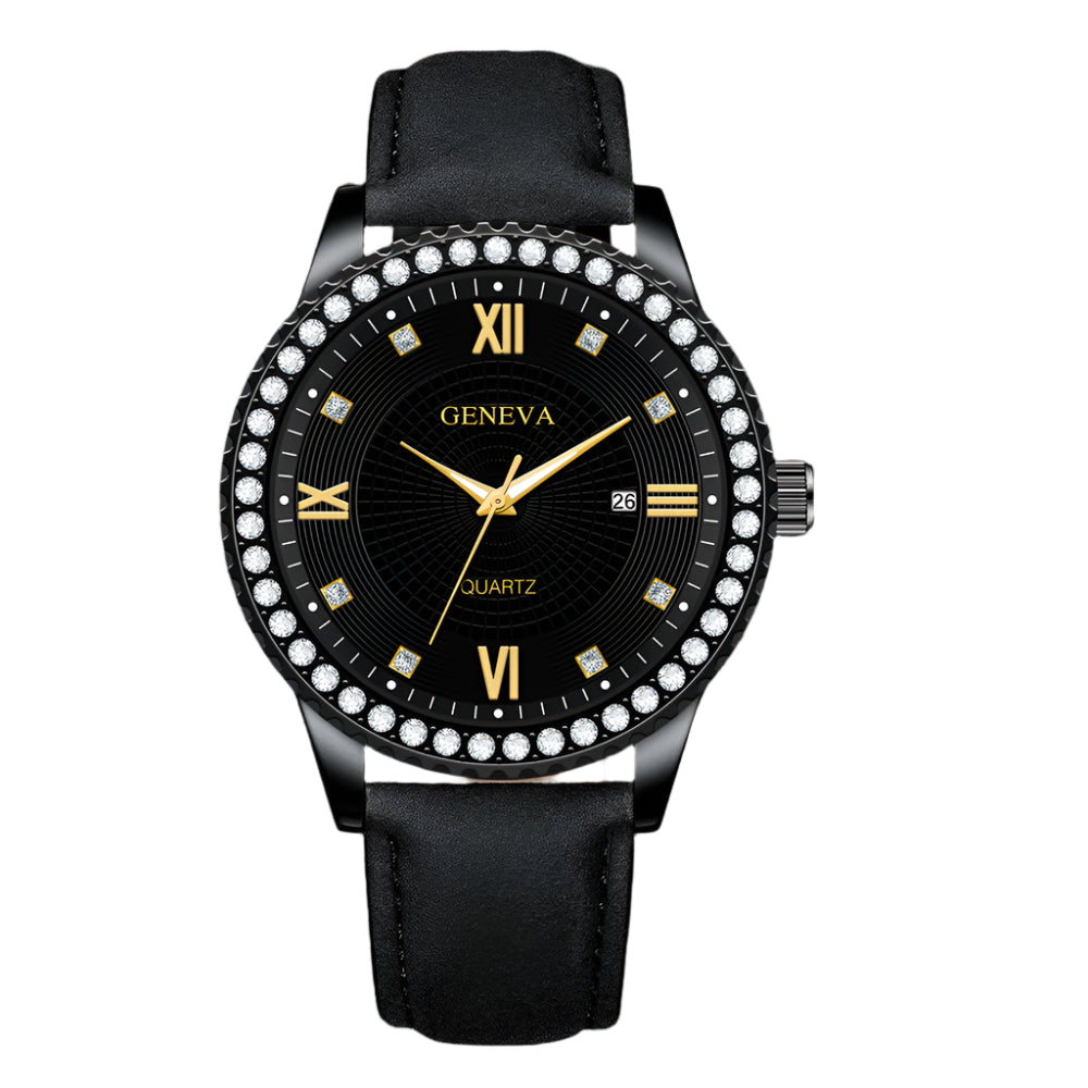 Genève Nieuwe Romeinse Schaal Heren Diamant vervaardigd Kalender Stalen Band Quartz Horloge Roestvrij Staal Heren Quartz Horloge