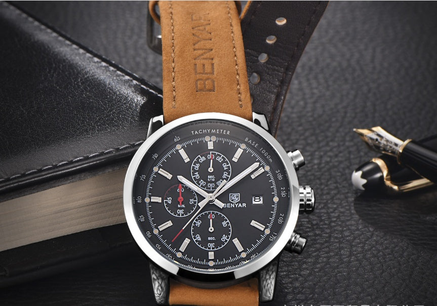 Orginal leather belt Binya Outdoor Sports Three-Eye Belt Men's Watch
