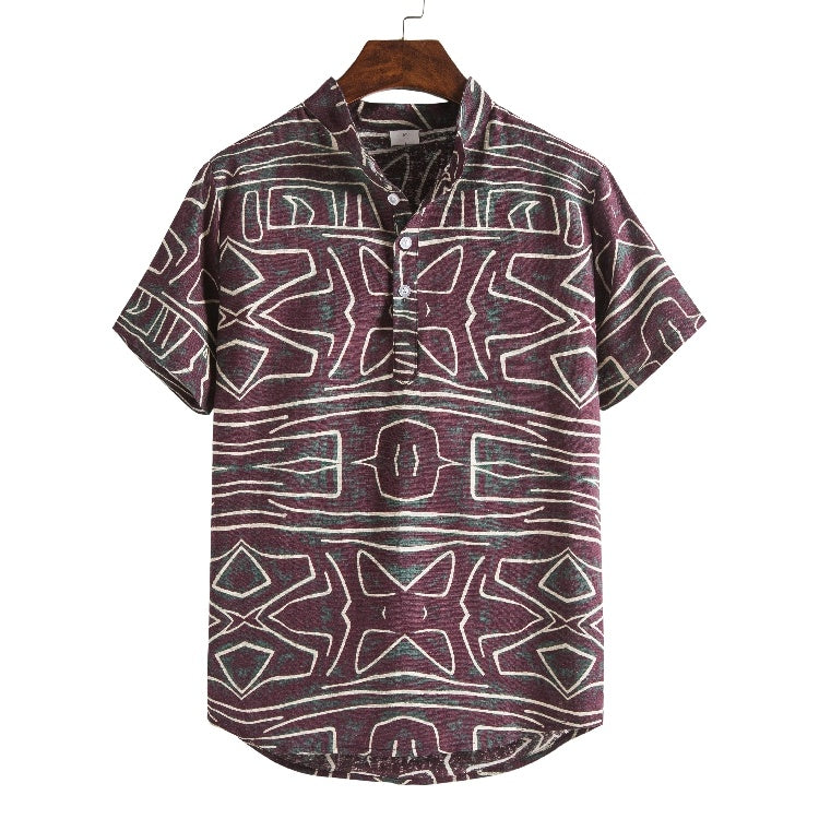 Camicia casual alla moda da uomo con colletto rialzato e maniche corte, motivo floreale a fiori spezzati, vestibilità slim, elegante camicia casual da uomo