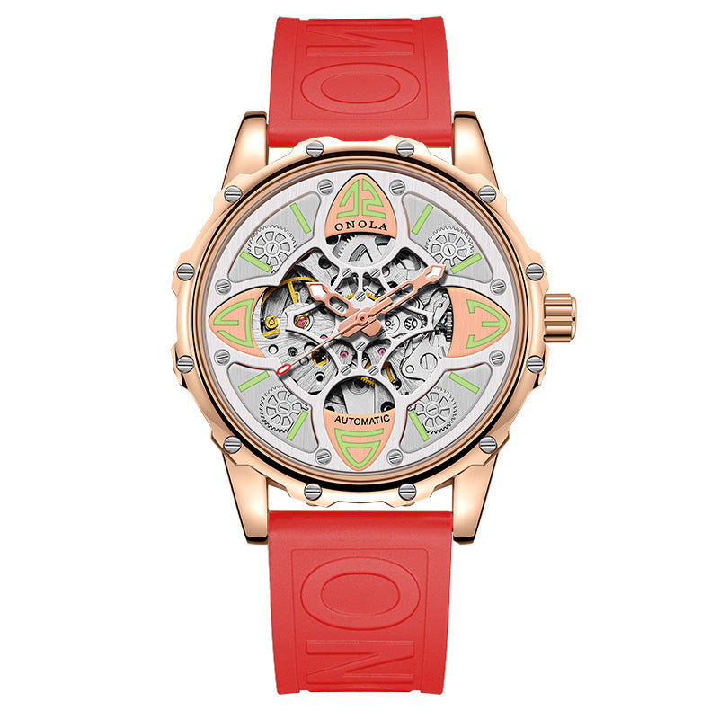 ONOLA Men Automatic Mechanical Watch Lucky Grass Luxury Hollow Out Dial Waterproof Silicone Band Mechanical Watch