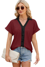 V-hals contrasterende korte mouwen losse T-shirt top voor dames